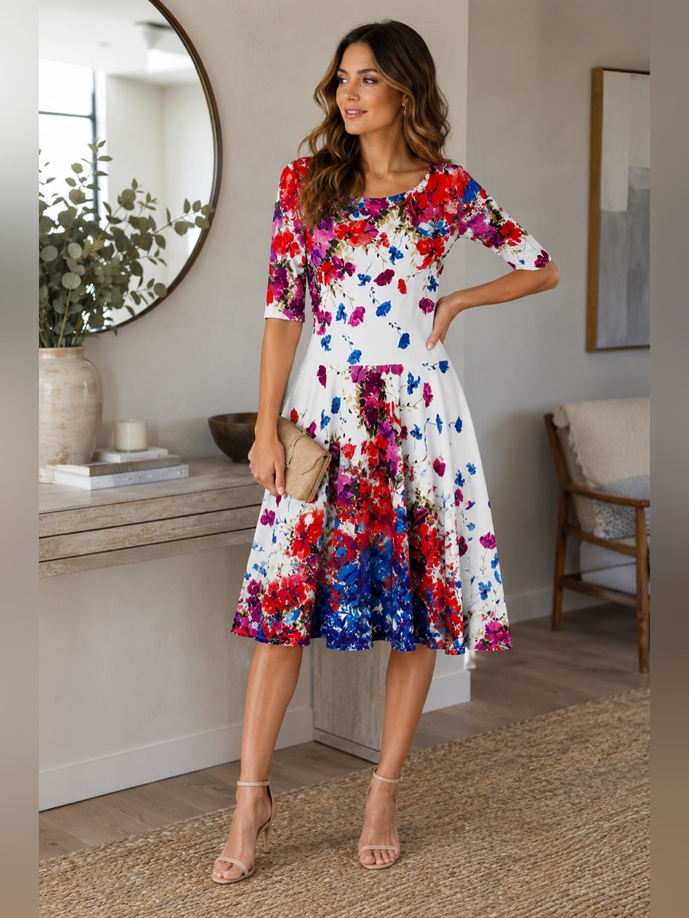 Marc Bouwer Unlimited White Red Blue Floral Fit & Flare Midi Dress